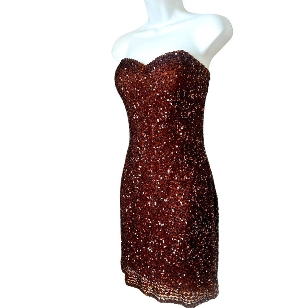 Scala Sequin Silk Strapless Bodycon Copper Brown Mini Sparkly Glam Mini Dress  6
